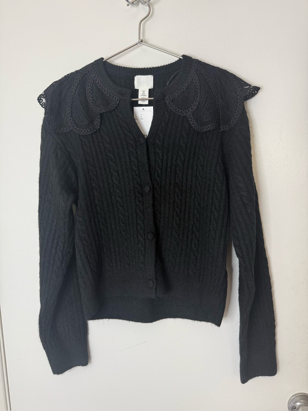 H&M BWT black lace collar wool blend button down cardigan S